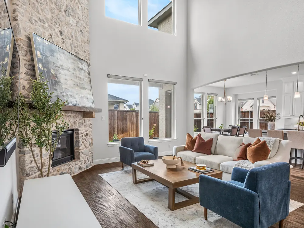 Living room with stone fireplace